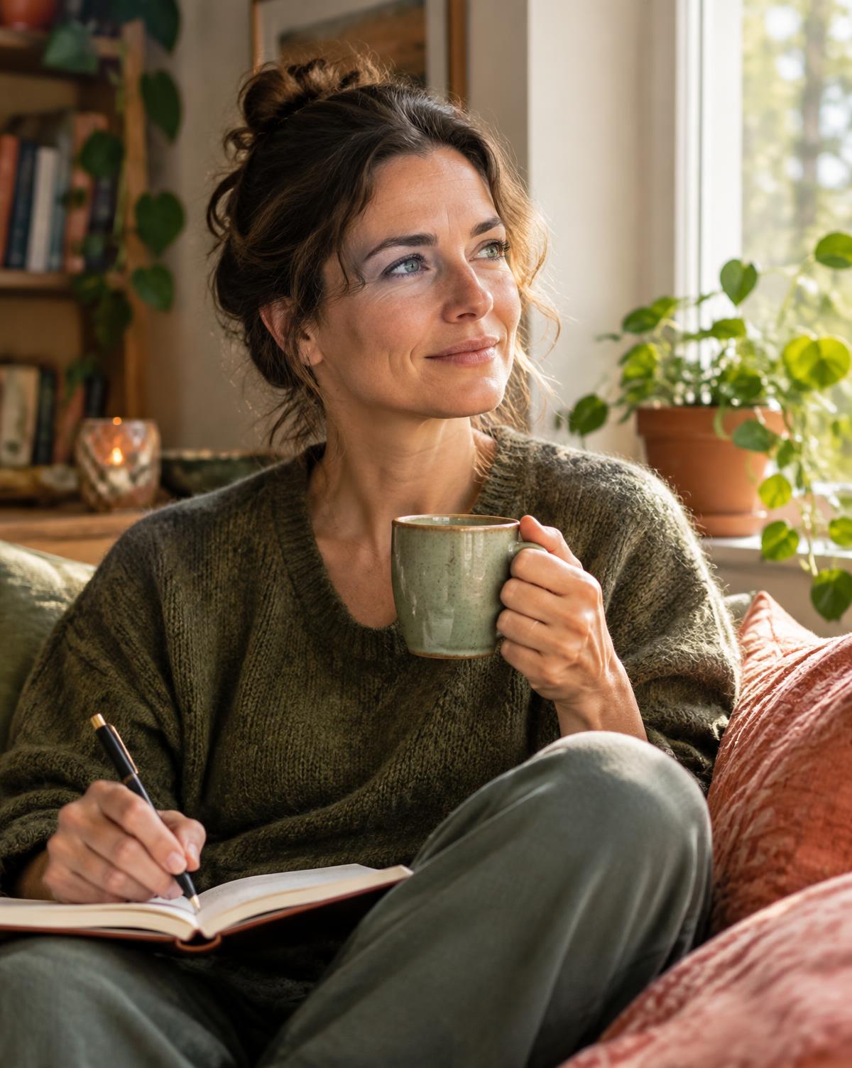Een vrouw schrijft rustig in haar dagboek